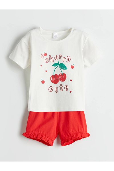 LC Waikiki Lcw Baby Ecru Cherry Printed Baby Girl T-Shirt and Shorts 2-Pack