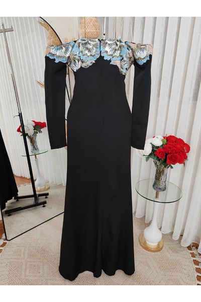 Nice Model Symphony of Leaves Dress – Elegant Off-Shoulder Floral Embroidered Crepe Gown for Women