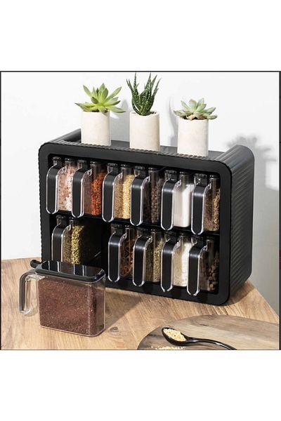 MATMEL Set of 12 Spice Jars - Black/White - 300 ml