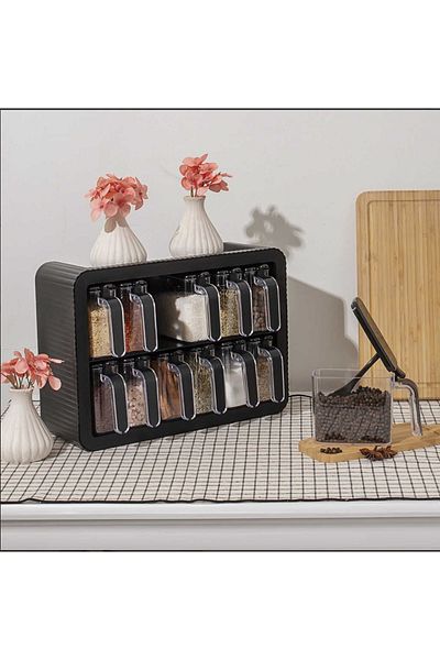 MATMEL Set of 12 Spice Jars - Black/White - 300 ml