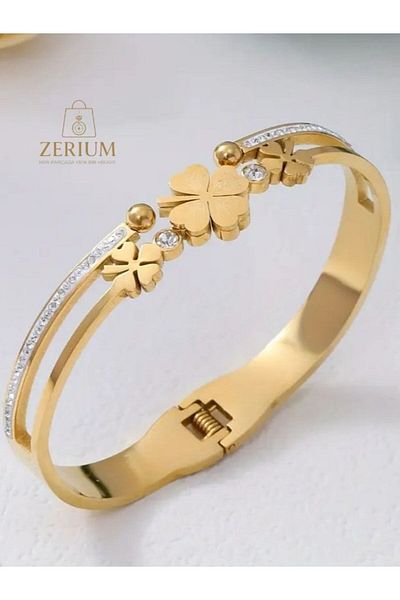 ZERİUM Grace of Luck – Gold Color Plated Women's Bracelet with Rhinestone Embroidery