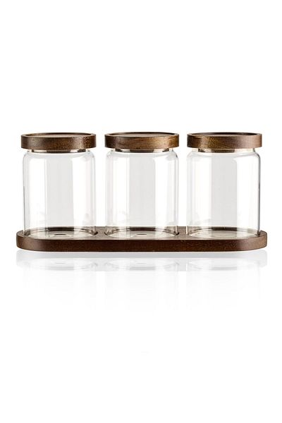 MATMEL 3-Piece Glass Spice Rack with Stand - Transparent / Brown - 400 ml