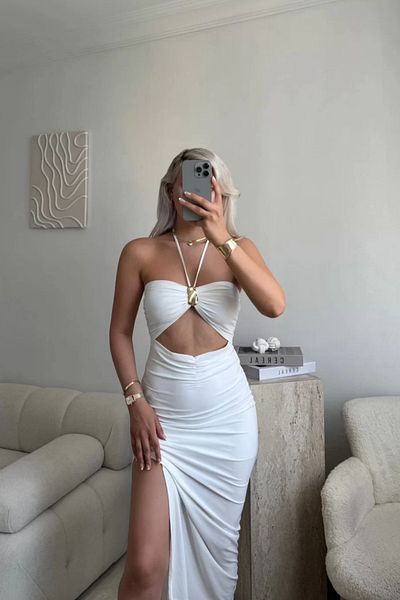 MOZENA Accessory Detail Tie-Up Low-Cut Slit Maxi Dress