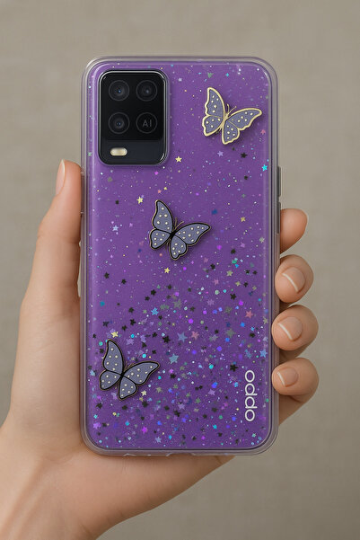 Rivor Oppo A16 & Oppo A54 & Oppo A55 5G Kılıf Kamera Çıkıntılı Simli 3D Kelebek Kabartmalı Desenli Kapak
