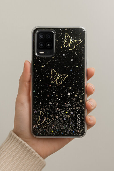 Rivor Oppo A16 & Oppo A54 & Oppo A55 5G Kılıf Kamera Çıkıntılı Simli 3D Kelebek Kabartmalı Desenli Kapak