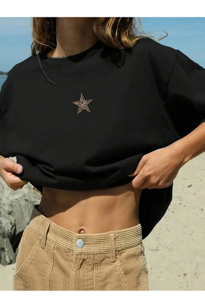 KEALVİ Star Leopard Printed Black Women's T-Shirt -- Crew Neck Oversize