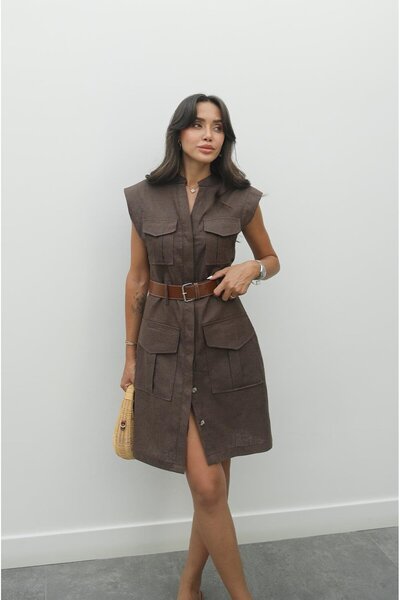 Havoş Brown Four-Pocket Belted Linen Blend Dress