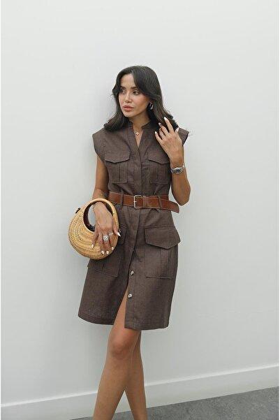 Havoş Brown Four-Pocket Belted Linen Blend Dress