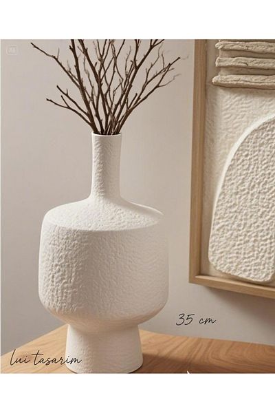 Lui Tasarım White Vase Ceramic Self Textured Large Size Amorphous Vase 35 cm