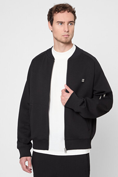 HUGO Erkek Rahat Kalıp Pamuk Karışımlı Jarse Kumaş Uzun Kollu Bomber Siyah Ceket 50542590-001