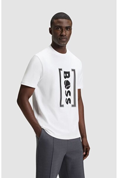 BOSS Erkek Bisiklet Yaka BOSS Yazı Desen Kısa Kol Rahat Kesim Beyaz T-Shirt 5...