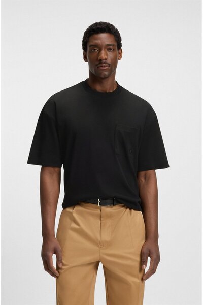 BOSS Erkek Normal Kalıp Merserize Pamuklu Yuvarlak Yakalı Kısa Kollu Siyah T-...