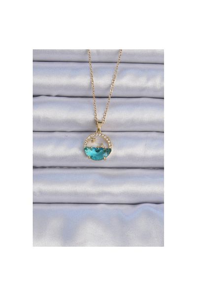 Skygo 316L Steel Chain Gold Color Zircon Stone Sea Look Moon Star Necklace - Tj-Bko9065