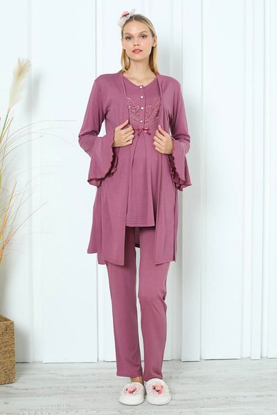 quilling Cherry Color Lace Detailed Erdeniz 3391 Maternity Pajama Set with Morning Dress