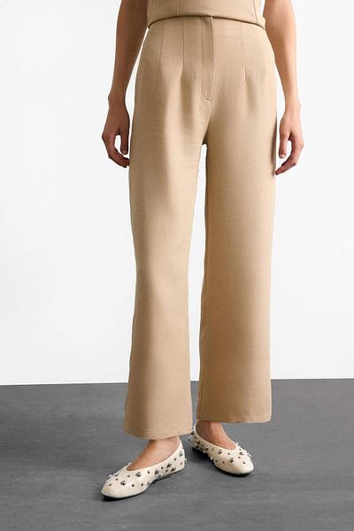 DeFacto Zipper High Waist Short Leg Ankle Length Linen Blend Pants F7982Ax25Sm