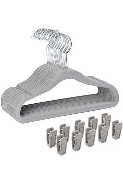 COOYA Non-Slip Clothes Hanger for Baby and Kids 50-Pack Velvet Hangers with 10 Finger Clips(Grey)