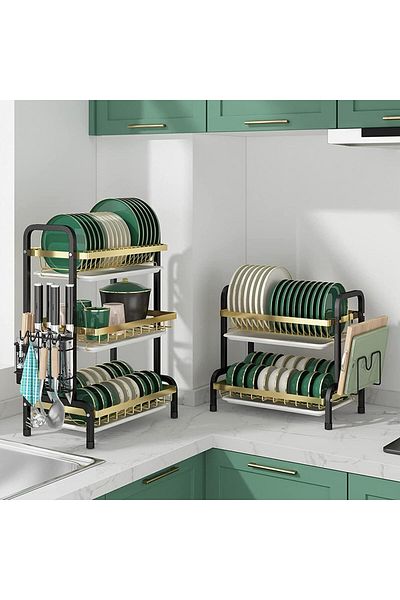 COOYA 2-Tier Kitchen Supplies Storage Rack Black/Gold 57.5x23.5x39cm