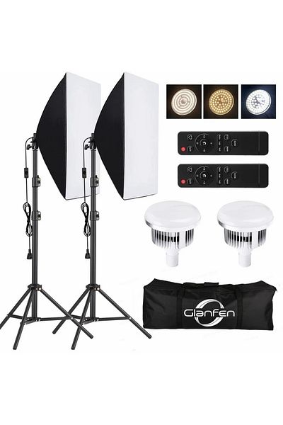 glanfen Studio Photography Lighting Kit with 2pcs 380W 3 Colors Remote LED Bulbs,SoftBoxes and Carry Bag