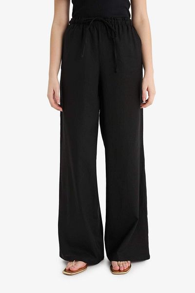 DeFacto Wide Leg Double Pocket Elastic Waist Standard Size Linen Blended Black Trousers E1981Ax25Sm