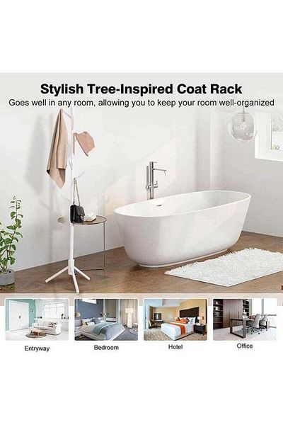 COOYA Free Standing Coat Rack with 8 Hooks, Solid Sturdy,Tree-like Design, Office/Home, White