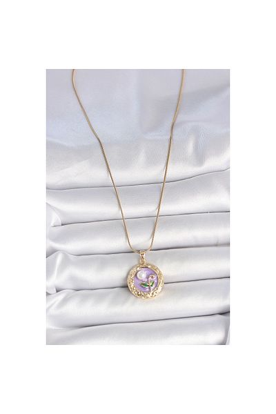 Clariss 316L Steel Gold Color Chain Purple Flower Embroidered Pearl Detail Potre Model Women's Necklace