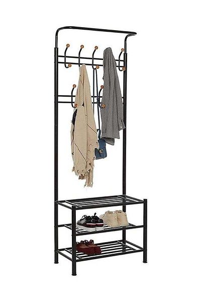COOYA 3-in-1 Freestanding Coat Rack-with Hooks,3-Tier Shoe Shelf & Hat/Umbrella Holder (Black)