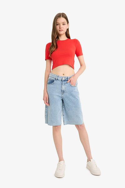DeFacto Coool Fitted Crop Basic Plain Red Short Sleeve T-Shirt F8924Ax25Hs