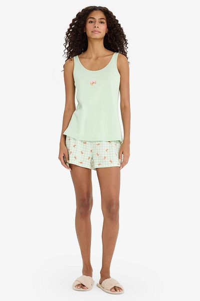 DeFacto Regular Fit Pajama Set Sleeveless Printed Top Flexible Waisted Shorts-Fall in Love F1621Ax25Sm