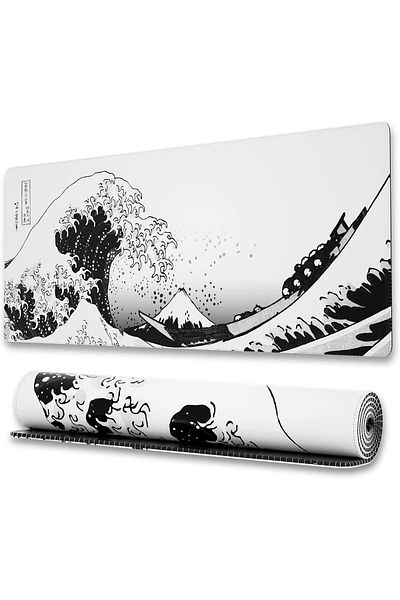 NO N4ME Ovenbird Large Gaming Mouse Pad with Stitched Edges, Japanese Wave Anime Desk Mat, Extended XL Mouse
