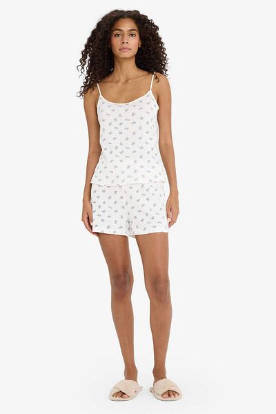 DeFacto Regular Fit Pajama Set Suspender Patterned Pajama Top with Elastic Waist Shorts Pajama Bottoms-Fall in Love F6137