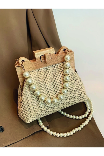 ÇANTA Chic Raffia Tote Women Shoulder Bag Woven Design Straw Bag Pearl Chain Strap Knitting Cream Hand Bag