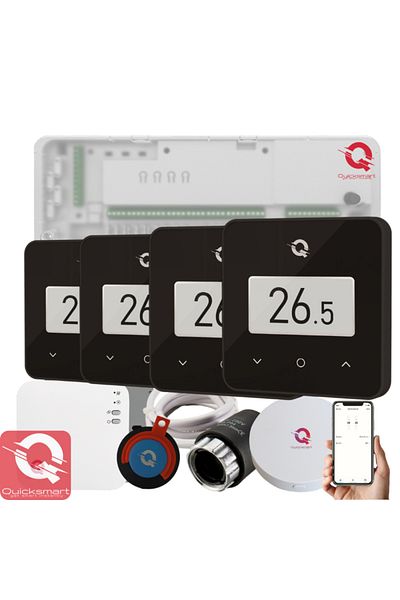 Quicksmart Kit automatizare încălzire prin pardoseală wireless Q20, controler cu 8 zone, 4 termostate Q30, 8 actuatoare NC