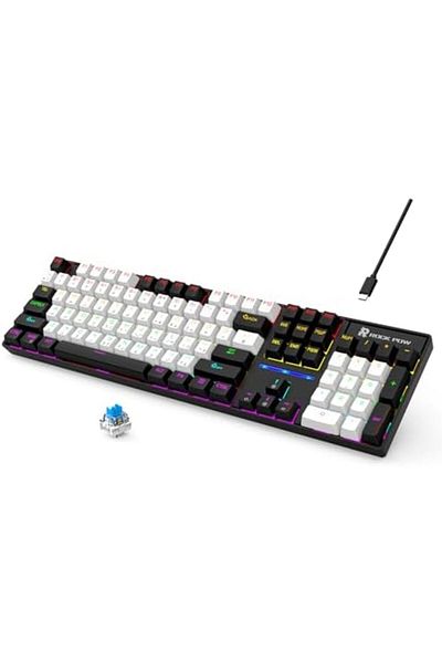 ROCK POW Mechanical Gaming Keyboard Arabic English 104 Keys with RGB Backlight, Wired Keyboard for Computer G