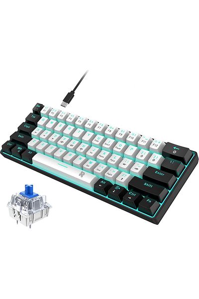 ROCK POW Gaming Mechanical Keyboard, Wired Design, 60% Compact, Blue Switches, Multi-key Response, Compatible
