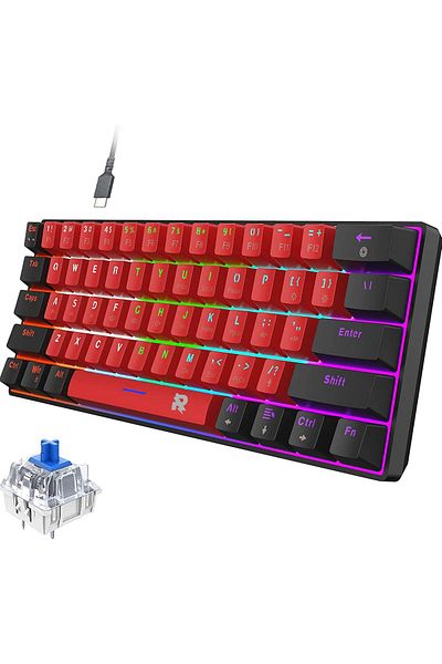 ROCK POW Wired Mechanical Gaming Keyboard, LED Backlit 61 Keys Small Wired Office Keyboard for Windo