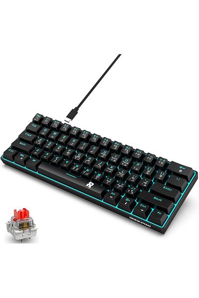 ROCK POW Mechanical Gaming Keyboard Wired 60% English and Arabic 61 Keys with Ice-Blue Backlight Small Compac