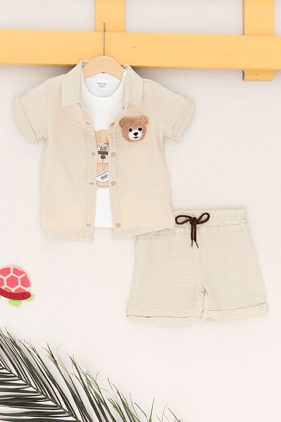 Fulla Moda 100% Cotton Teddy Bear Embroidered Shorts 3 Piece Boy's Suit