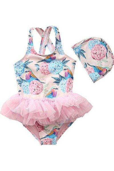 Generic Girl's Cute Swimwear With Cap 80cm