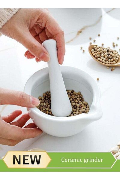 Generic 2-Piece Porcelain Mortar And Pestle Set Pills Crusher Ceramics Spice Mill Grinder Set Handheld Seaso