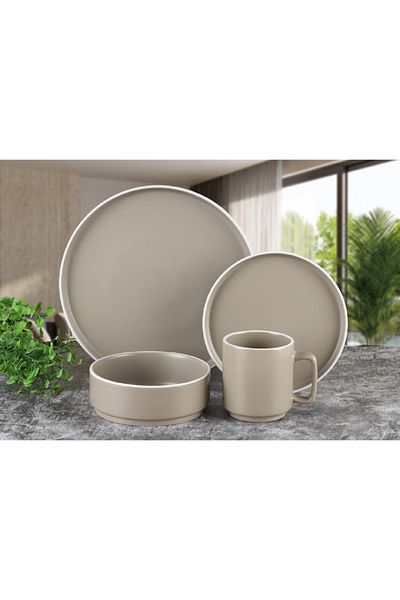 Bien Servi 16-Piece Contemporary Design Stoneware Dinner Set Beige