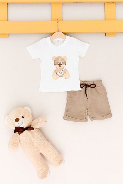 Fulla Moda 100% Cotton Teddy Bear Embroidered Shorts 3 Piece Boy's Suit