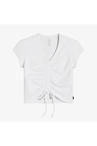 Converse Classic Kadın Slim Fit V Yaka Büzgülü Beyaz T-Shirt