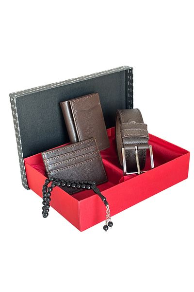 Tisaati Premium Series Special Boxed Luxury Leather Mechanism Wallet Belt Card Holder and Prayer Beads Men's Set