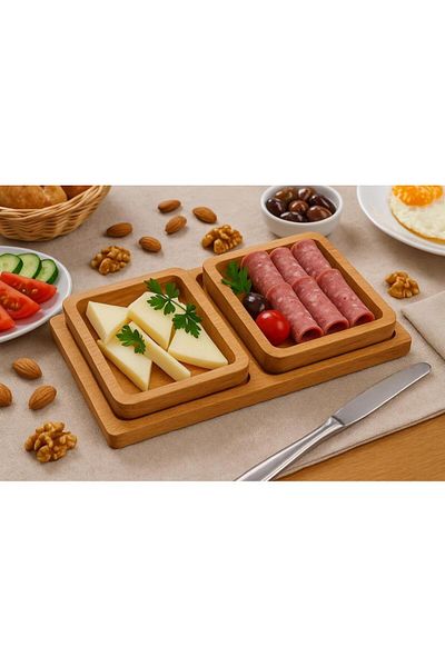 Saban Natural Wooden Snack and Breakfast Plate – Presentation Plate with 2 Bowls and Tray T34