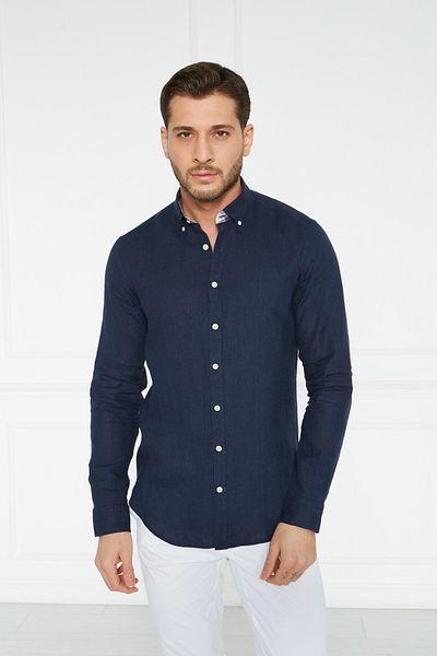 Paşahan Giorgianni Collar Button Garnished Linen Slim Fit Shirt