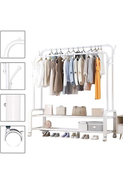 LIVVY Garment Rack with Wheels, Double Rod, Freestanding Clothes Organizer – White