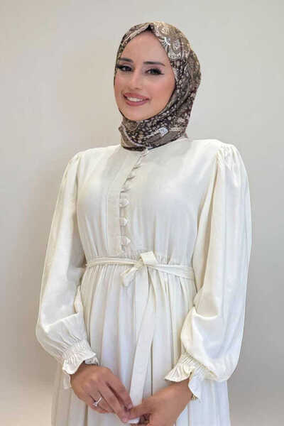 Bym Fashion Dress with Elastic Sleeves and Button Detail on the Front 6040 Ecru