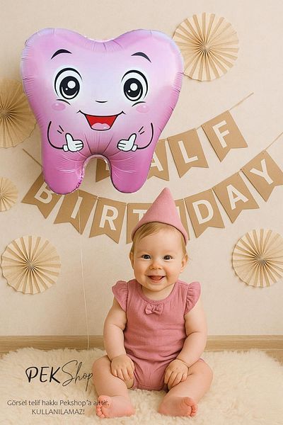 PEKSHOP Pink Tooth Foil Balloon Tooth Wheat First Tooth Party Balloon