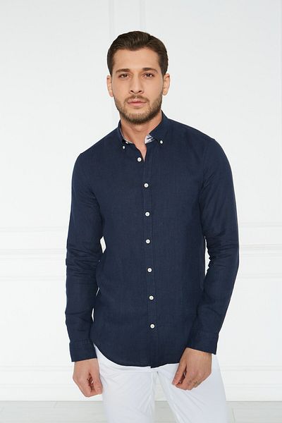Paşahan Giorgianni Collar Button Garnished Linen Slim Fit Shirt
