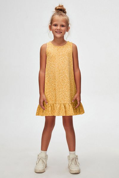 LOVETTI Mustard Leaf Pattern Girls' Ruffle Bell-Bottom Dress